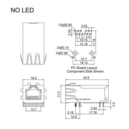 56F shielded RJ45 magjack Mechanicals and Dimensions (No LED)