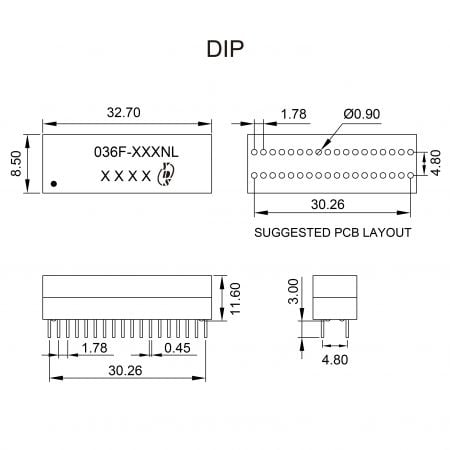 036F DIP LAN Transformer Mechanicals and Dimensions