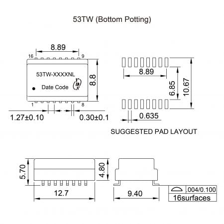 53TW Industrial ISDN interface transformer Mechanicals and Dimensions