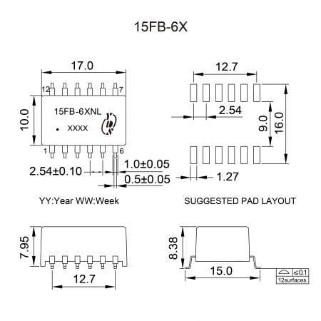 15FB-6X High Reliability Ethernet Magnetics Mechanicals and Dimensions