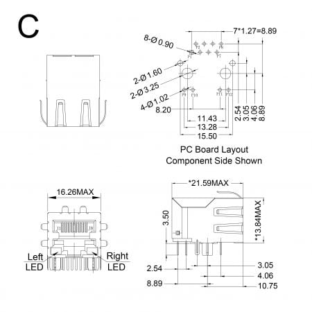 12F/14F-1X Single Port Magjack Mechanicals and Dimensions Type C