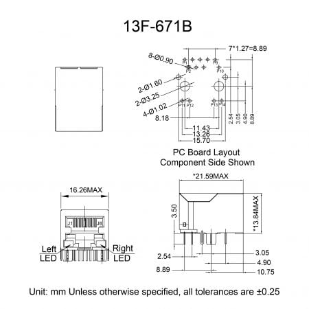 13F-671B rj45 connector poe Mechanicals and Dimensions
