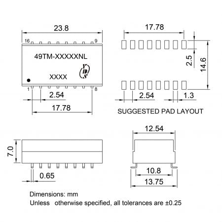 49TM REACH compliant telecom transformer Mechanicals and Dimensions