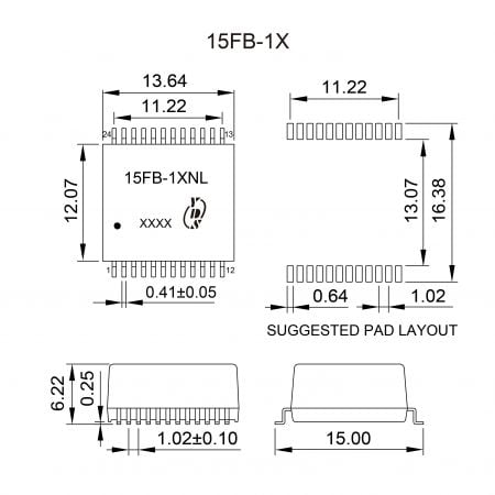 15FB-1X High Reliability Ethernet Magnetics Mechanicals and Dimensions