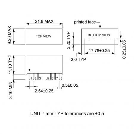 27D-Dual Compact DC to DC converter Markings and Dimensions