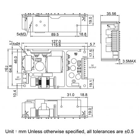 GB100 embedded AC-DC power supply module Markings and Dimensions