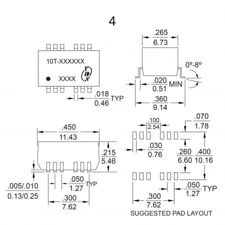 10T Pulse Transformer Mechanicals and Dimensions