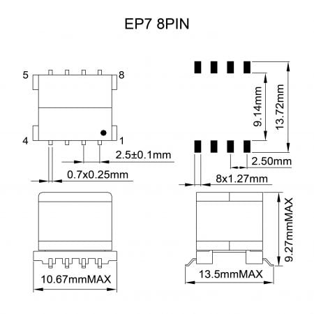 PoE EP High Frequency Ferrite Transformer Mechanicals and Dimensions (EP7 8PIN)