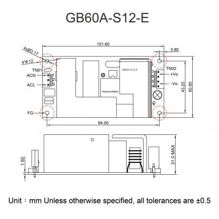 GB60A Plug-in connector power supply Markings and Dimensions