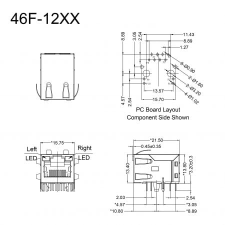 46F-12XX Bulk Gigabit RJ45 with Magnetics Mechanicals and Dimensions