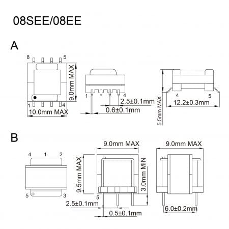 08SEE/08EE ee core transformer Mechanicals and Dimensions