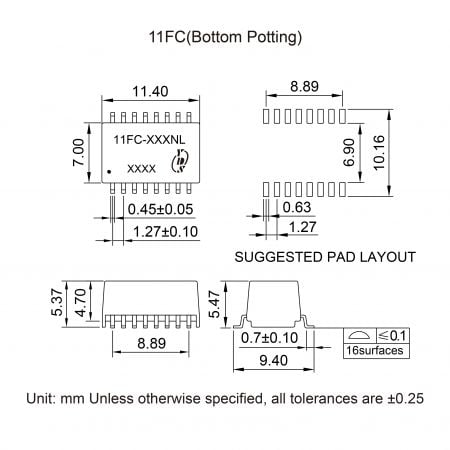 11FC Compact LAN Magnetics Markings and Dimensions