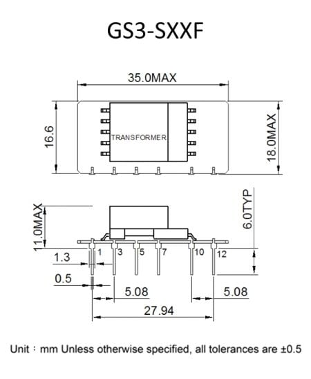 GS3 slim AC-DC power module Markings and Dimensions (GS3-SXXF)