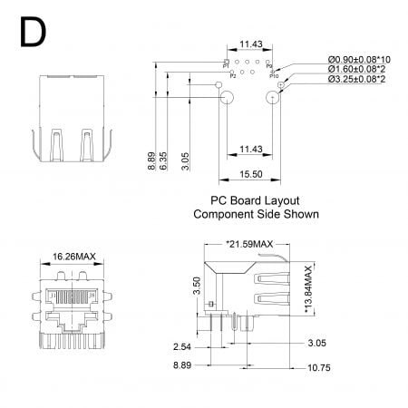 12F/14F-1X Single Port Magjack Mechanicals and Dimensions Type D