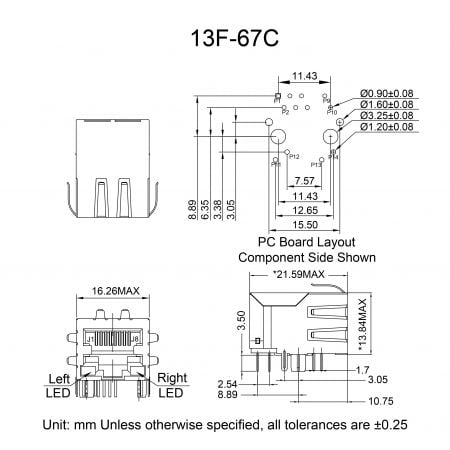 13F-67C rj45 connector poe Mechanicals and Dimensions
