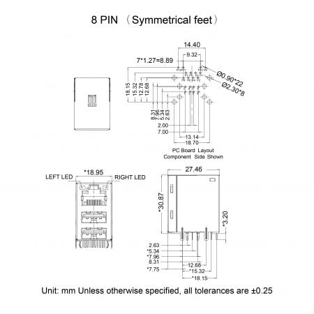 45F Custom Gigabit Ethernet USB Connector Mechanicals and Dimensions