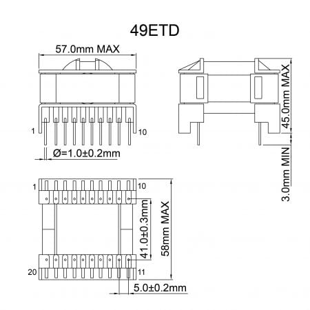 49ETD durable transformer dip Mechanicals and Dimensions