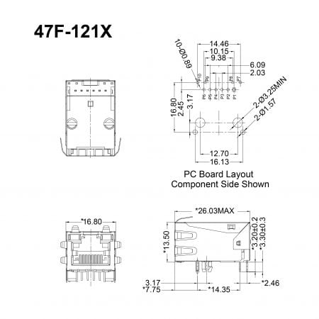 47F-121X Bulk Gigabit RJ45 with Magnetics Mechanicals and Dimensions