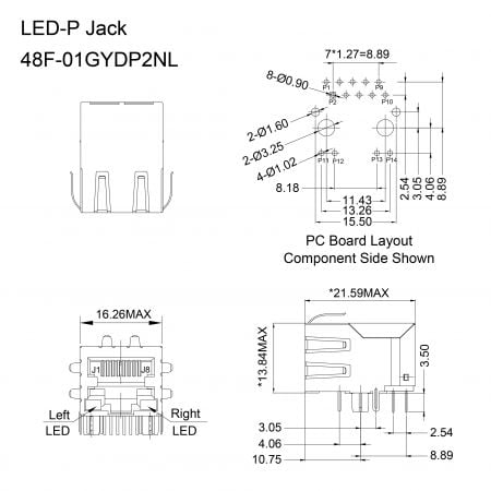 48F Bulk Gigabit RJ45 with Magnetics Mechanicals and Dimensions (LED-P)