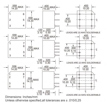 40T Telecommunication Network Interface Transformer Mechanicals and Dimensions
