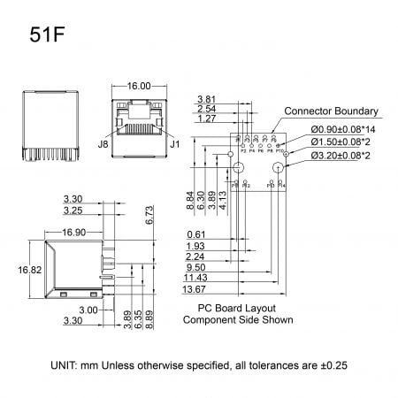 51F(1G) RJ45 connector for industrial ethernet Mechanicals and Dimensions