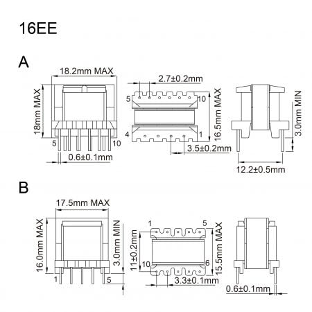 16EE ee core transformer Mechanicals and Dimensions