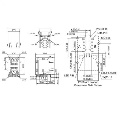 71F EMI compliant RJ45 magnetics Mechanicals and Dimensions