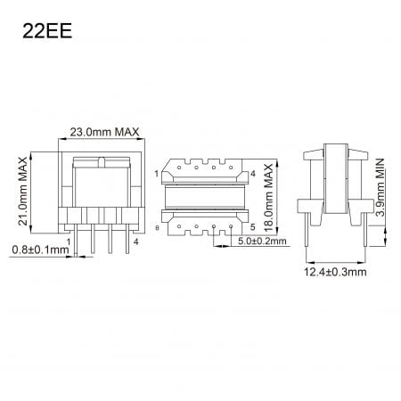 22EE ee core transformer Mechanicals and Dimensions