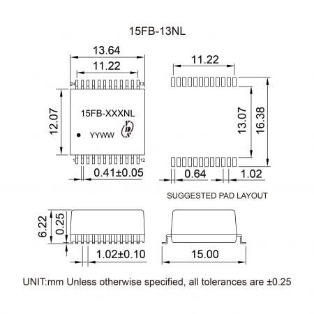 15FB-13NL High Performance 2.5G Magnetics Mechanicals and Dimensions