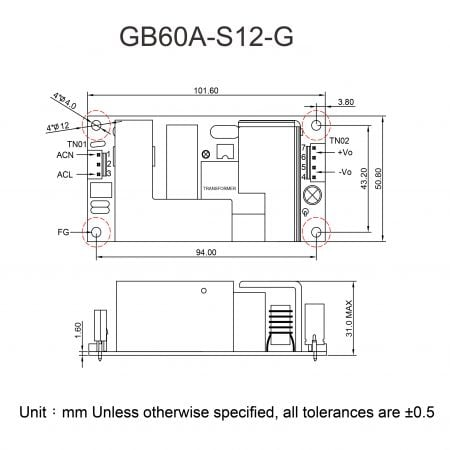 GB60A Plug-in connector power supply Markings and Dimensions