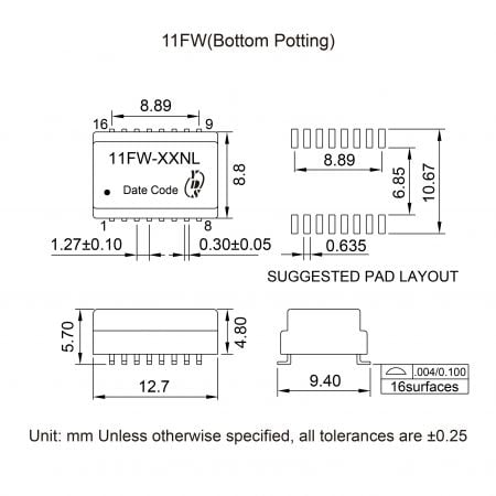 11FW Compact LAN Magnetics Markings and Dimensions