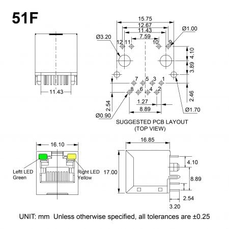 51F RJ45 magjack Mechanicals and Dimensions