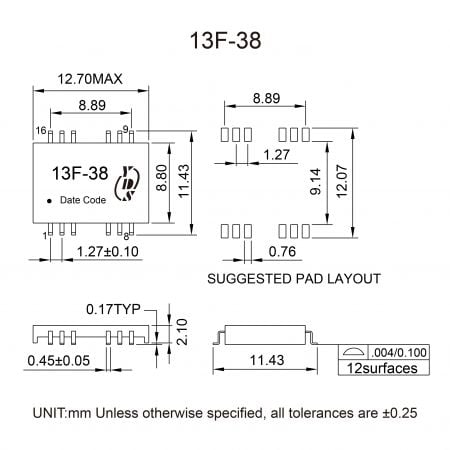 13F-38 Ethernet Filter Markings and Dimensions