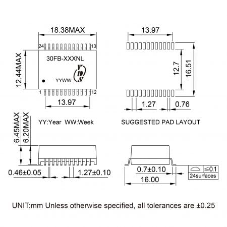 30FB-2X High Reliability Gigabit Filter Mechanicals and Dimensions