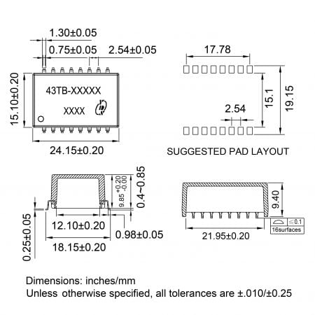 43TB UL Recognized Telecom Magnetics Mechanicals and Dimensions