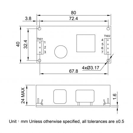GB015 compact isolated power supply Markings and Dimensions