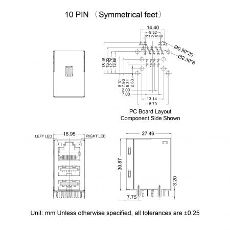 45F Custom Gigabit Ethernet USB Connector Mechanicals and Dimensions