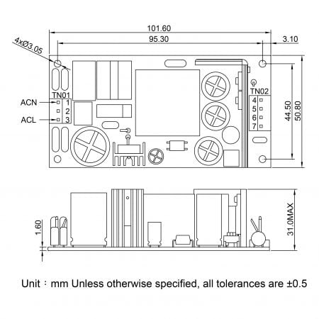 GB020/GB030 full range AC-DC open frame power supply Markings and Dimensions