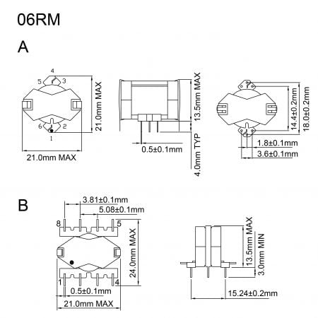 06RM High reliability RM core magnetics Mechanicals and Dimensions
