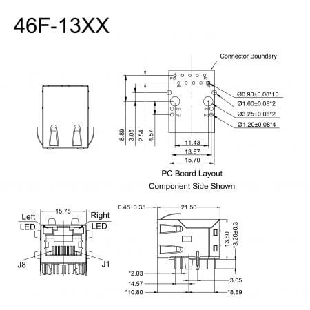 46F-13XX Bulk Gigabit RJ45 with Magnetics Mechanicals and Dimensions