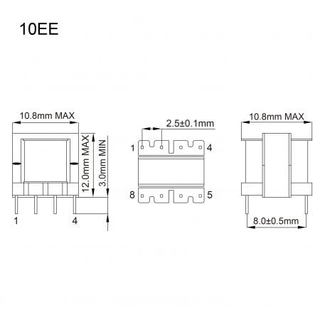 10EE ee core transformer Mechanicals and Dimensions