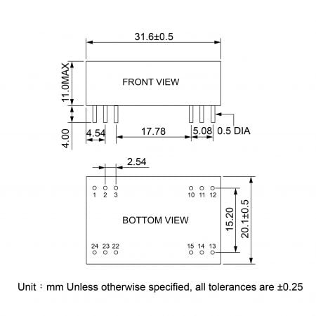 54D DIL DC to DC Converter Markings and Dimensions