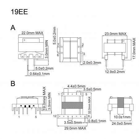 19EE ee core transformer Mechanicals and Dimensions