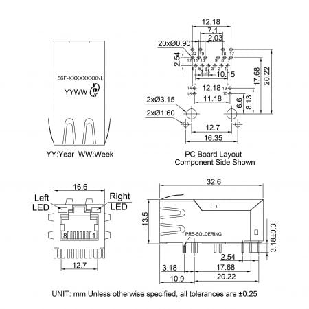 56F (10G PoE) fast ethernet magjack Mechanicals and Dimensions