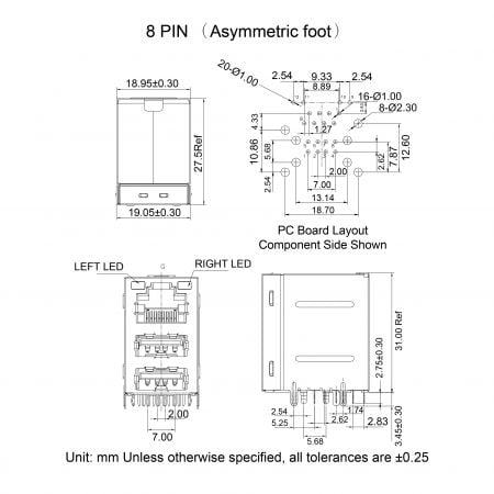 45F Custom Gigabit Ethernet USB Connector Mechanicals and Dimensions