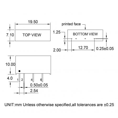 14DZ-2W Compact DC-DC converter Markings and Dimensions