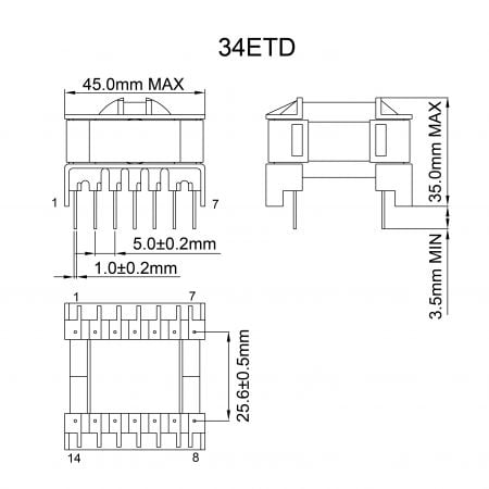 34ETD durable transformer dip Mechanicals and Dimensions