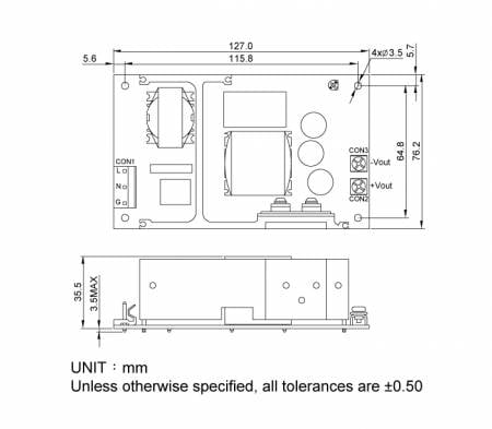 GB150 AC-DC PSU for control cabinet Markings and Dimensions
