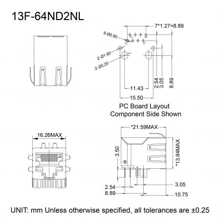 13F-64ND2NL 8P8C Magnetic Jack Mechanicals and Dimensions