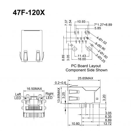 47F-120X Bulk Gigabit RJ45 with Magnetics Mechanicals and Dimensions